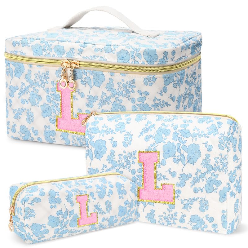 3 PCS Travel Makeup Bag Set, A-Z Initials Cotton Make up Bag Floral Quilted Cosmetic Bag for Girls and Women, Personalized Cute Toiletry Bag Travel Accessories Brushes Bag Blue - L