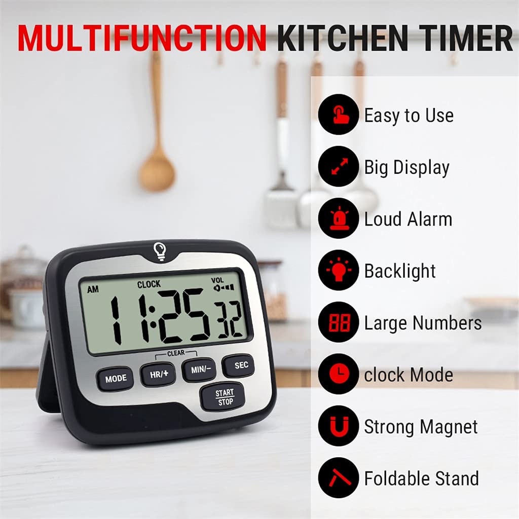 Temporizador de Cocina, Temporizador Digital de Cuenta Regresiva para Cocina, Kit Temporizador de Cocina Digital con Gran Pantalla retroiluminada, Cuenta Regresiva y función de Reloj.