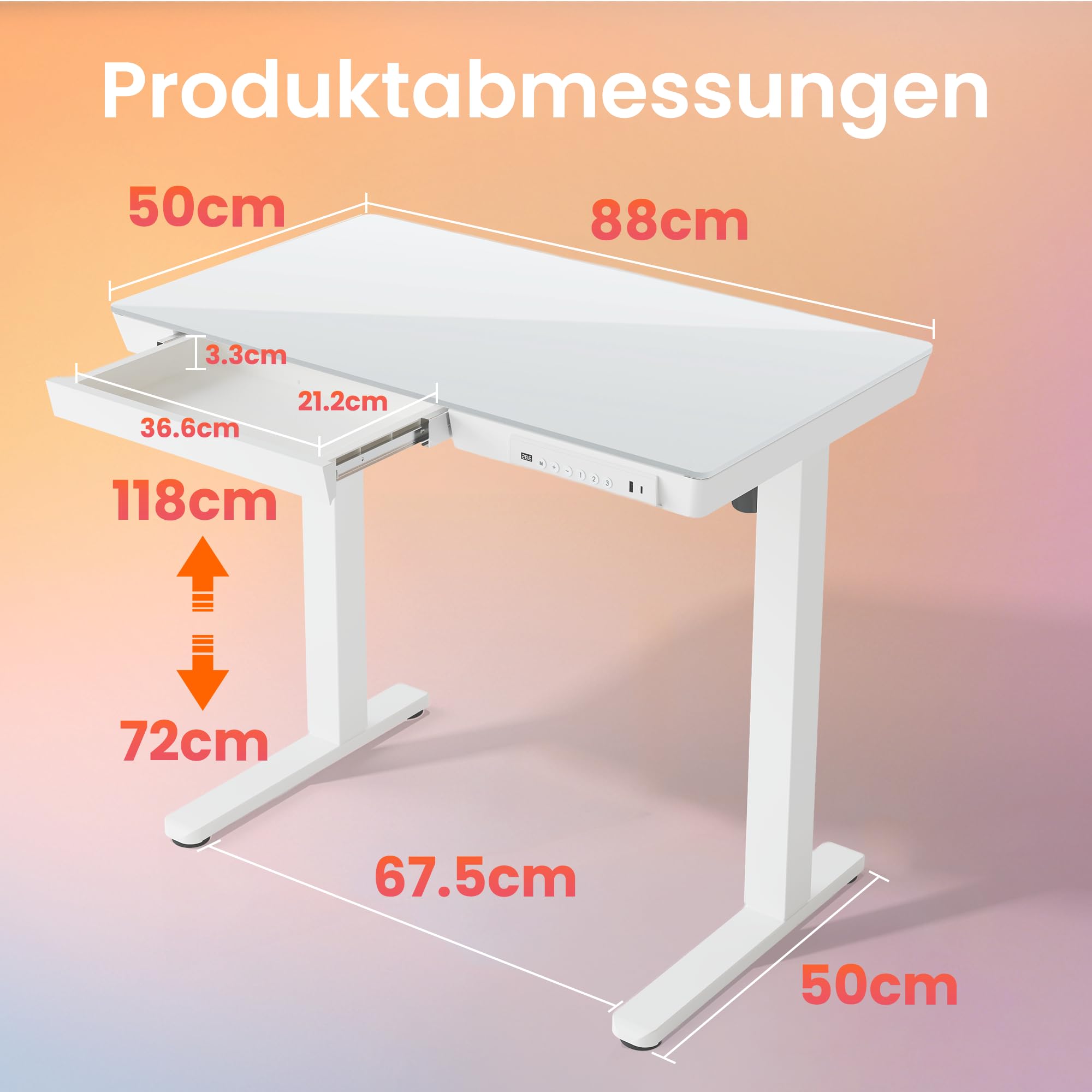 HUANUO 88 x 50 cm Glas Höhenverstellbarer Schreibtisch mit Schublade, Höhenverstellbarer Schreibtisch Ganze Tischplatte, USB-Aufladeanschluss und 3 Memory-Funktion, Weiß