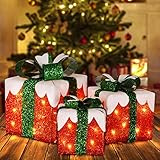 Set of 3 Lighted Christmas Decorations Indoor, Pre-lit 60LED Boxes with Bowknot, Christmas Lights Decor for Xmas Tree, Home, Party, Holiday