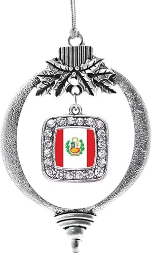 Inspired Silver - Adorno de bandera de Perú - Adornos navideños cuadrados de plata con joyas de circonita cúbica