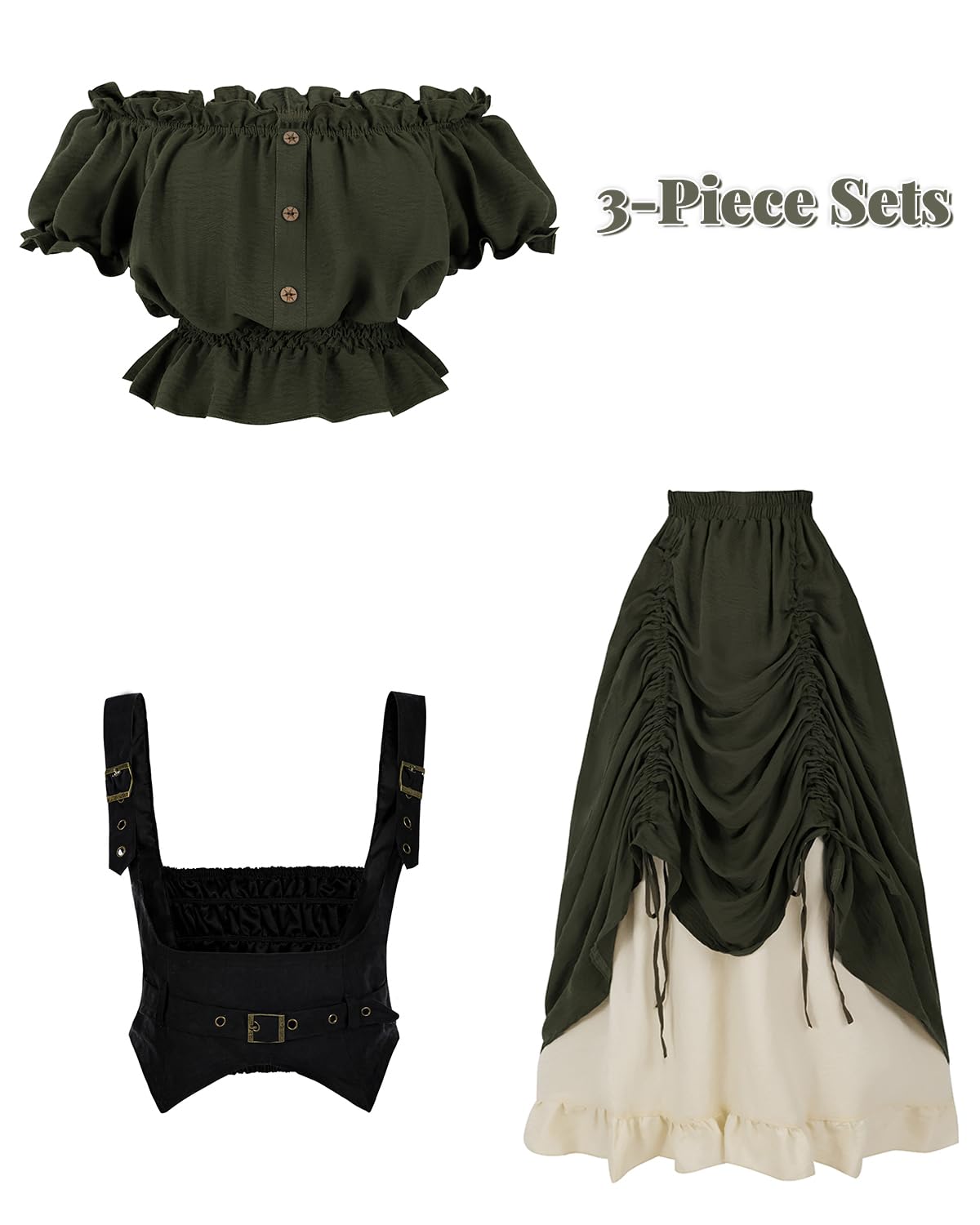 CR ROLECOS Vestido victoriano para mujer, disfraz de estilo steampunk, estilo mediterráneo, hombros descubiertos, vestido asimétrico, 3 piezas, blusa renacentista, falda