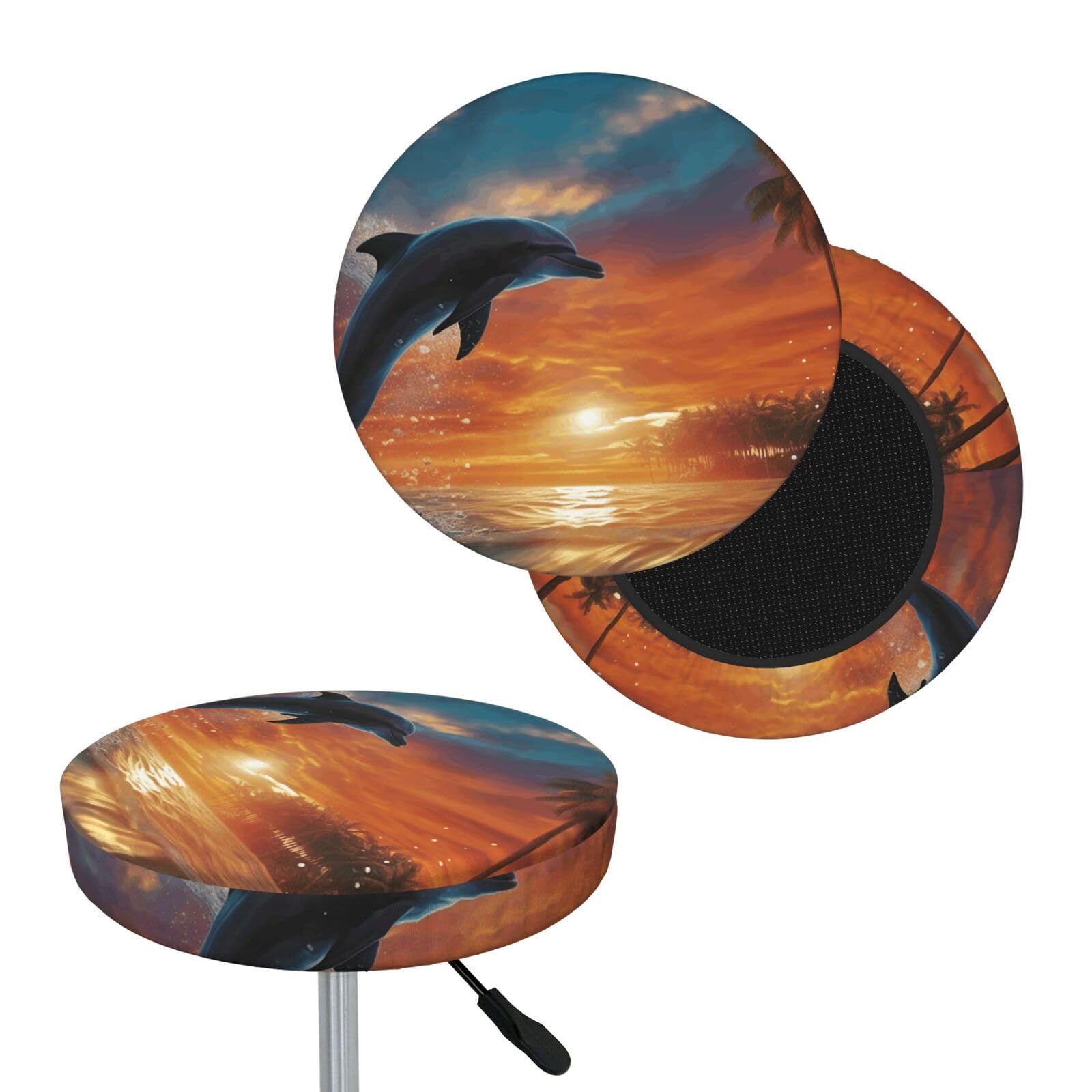 FekiLoot Dolphins and Palm Trees Round Bar Stool Covers Stretch Washable Bar Stool Covers Dustproof Slipcover Bar Chair Covers with Elastic Band for Bar Kitchen Living Room Decor 13 Inch