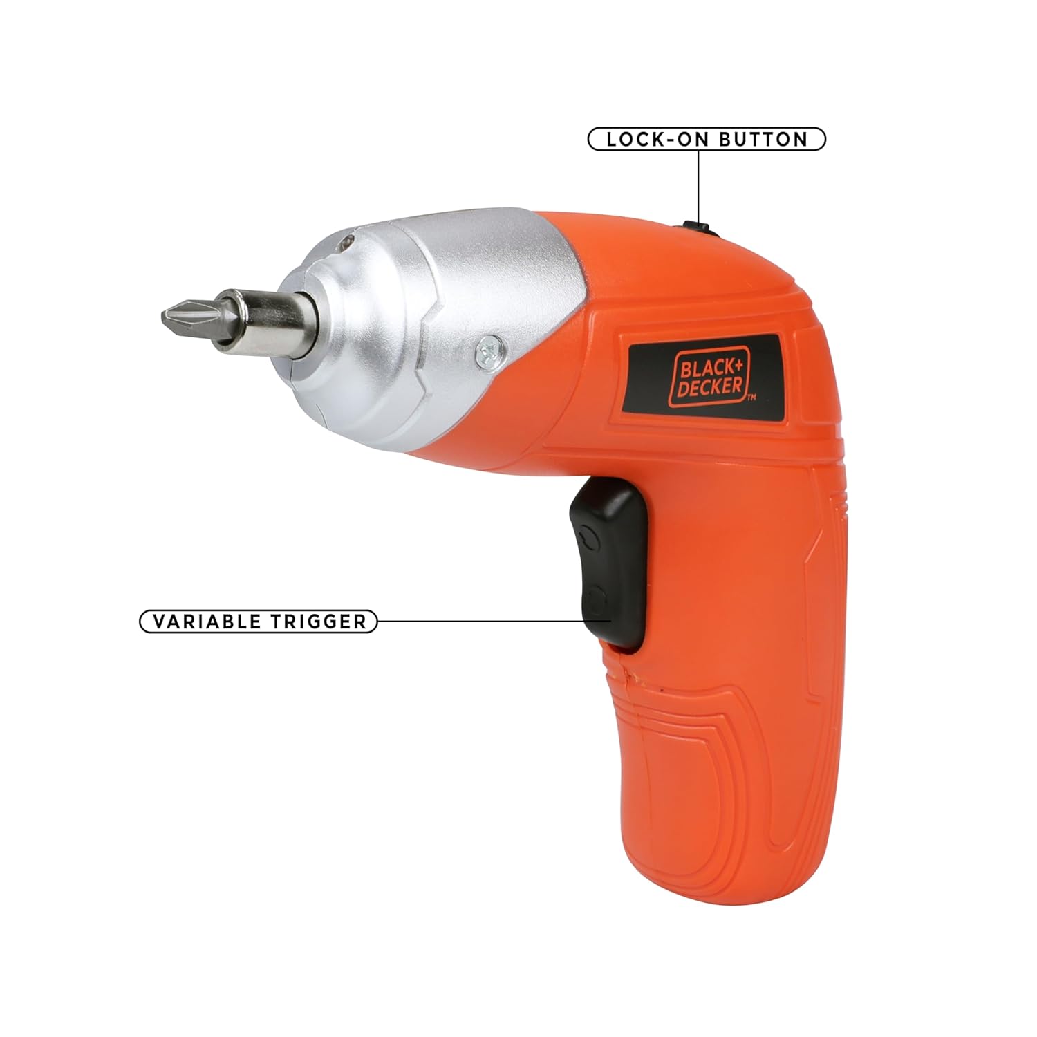 Close-up of BLACK+DECKER KC3610 screwdriver showing lock-on button and variable trigger