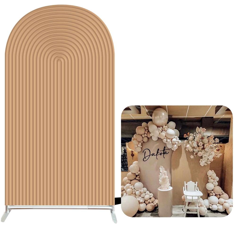 Double-Sided Arch Frame Fabric Cover Beige White Ripples Arched Panel Stand Cover for Wedding Birthday Baby Shower Parties Decoration (4X7ft,
