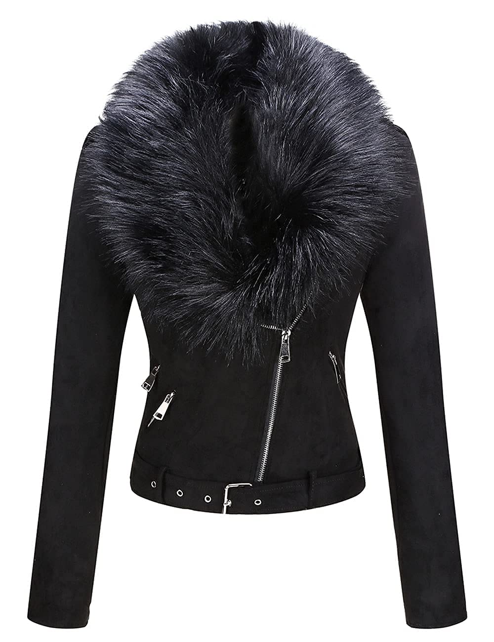 Giolshon Women Faux Suede Leather Jacket Fall and Winter Fashion Motorcycle Biker Slim Short Coat with Detachable Fur Collar