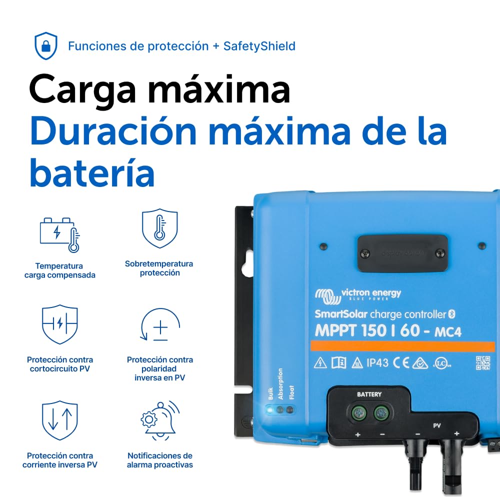 Victron Energy SmartSolar MPPT Controlador de Carga Solar 150V 60 amperios 12/24/36/48-Voltios (Bluetooth) para MC4 | Controlador de carga solar Bluetooth MPPT para paneles solares con conexión MC4