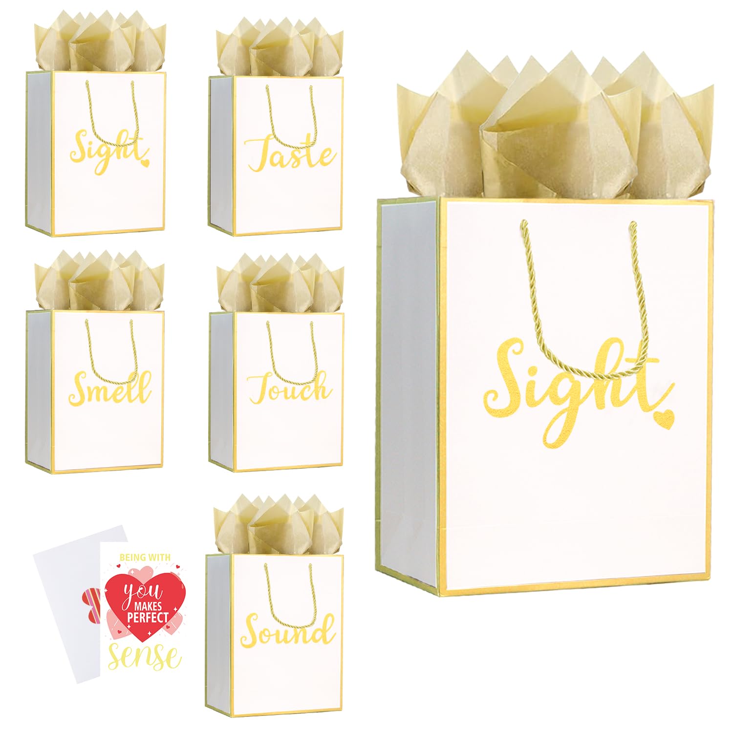 TQQBUU Five Senses Gift Bags for Him or Her - Sight Smell Touch Taste Sound Gift Bags with Tissue Paper, Greeting Card and Envelope (White, 11.4"*8.6"