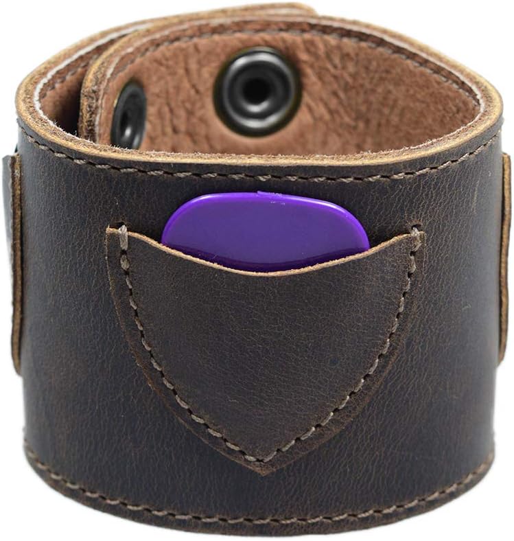 Hide & Drink, Cuff with Guitar Pick Slots, Rustic Bracelet, Wristband for Musicians, Full Grain Leather, Handmade, Bourbon Brown
