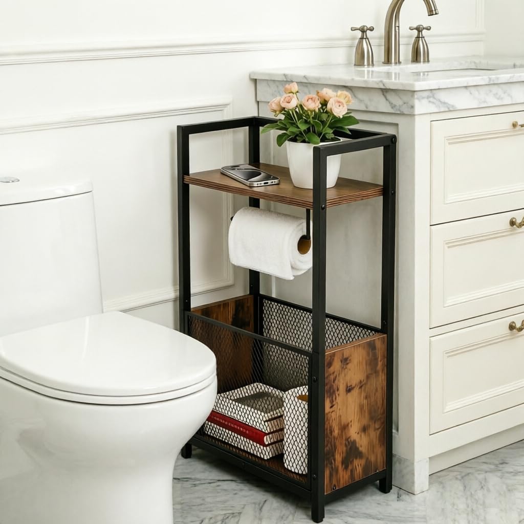 Toilet Paper Holder Free Standing, Black Toilet Paper Holder Stand, Freestanding Toilet Paper Holder for Bathroom Tissue Holder Roll Holder, Magazines, Wipes