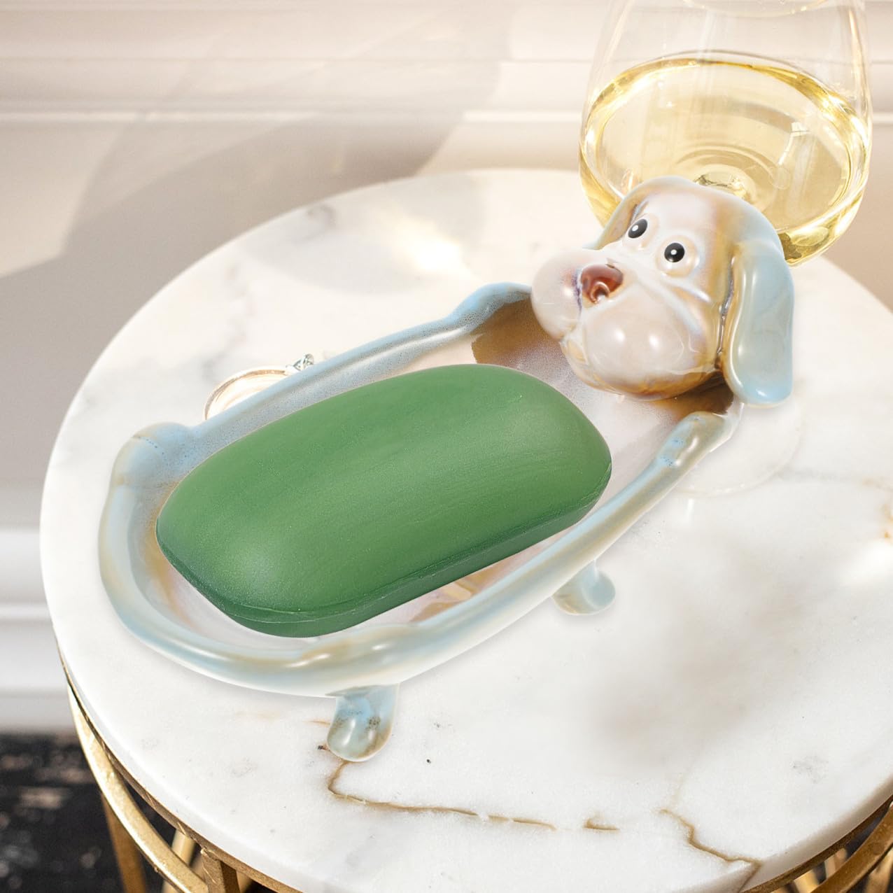 Portasapone in Ceramica a Forma di Cane Drenaggio per Bagno