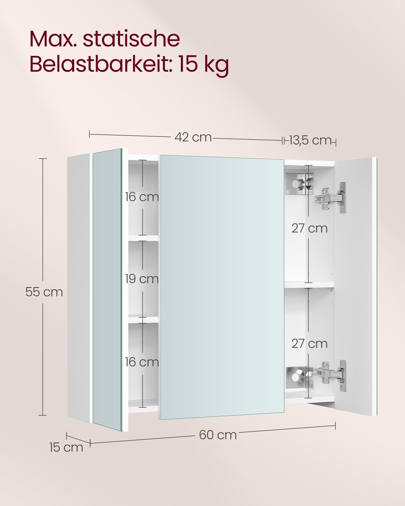 VASAGLE Kailyn Kollektion - Spiegelschrank, Badezimmerschrank, Aufbewahrungsschrank mit 3 Türen, fürs Badezimmer, 15 x 60 x 55 cm, mit verstellbaren Regalebenen, modern, weiß BBK22WT