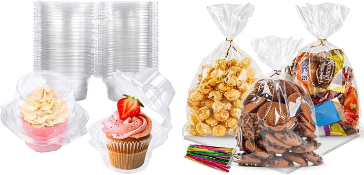 NPLUX Bundle of 50 Pack Individual Cupcake Containers and 100 Pack Cellophane Bags Small Plastic Cookie Bags