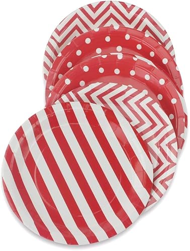 Platos de papel de fiesta rojos 36 unidades, platos redondos biodegradables de 9 pulgadas, diseño de lunares, rayas, cheurón para pasteles, postres,
