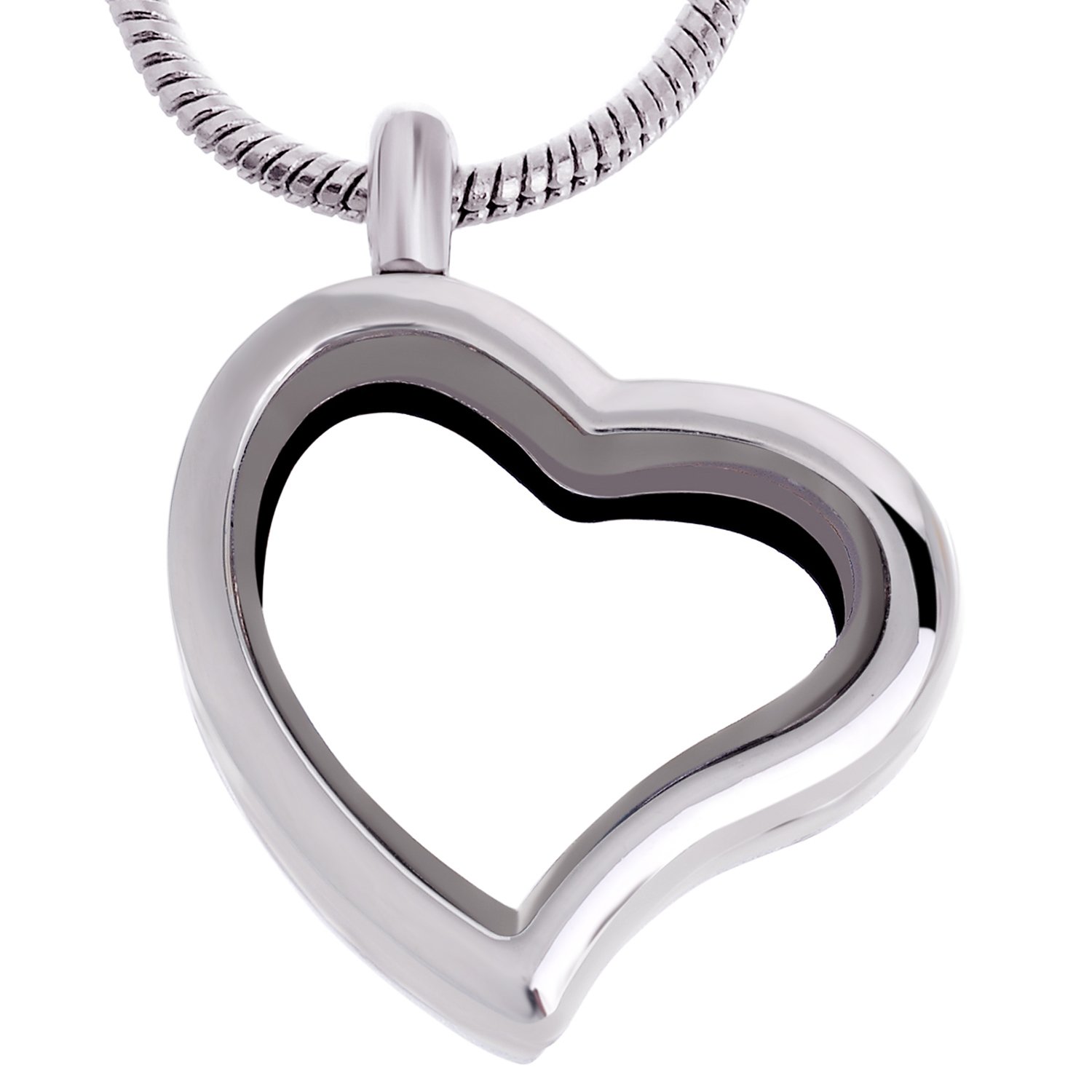 RUBYCA Living Memory Heart Locket Snake Chain Necklace Crystal Floating Charm DIY Silver Tone 1Pcs