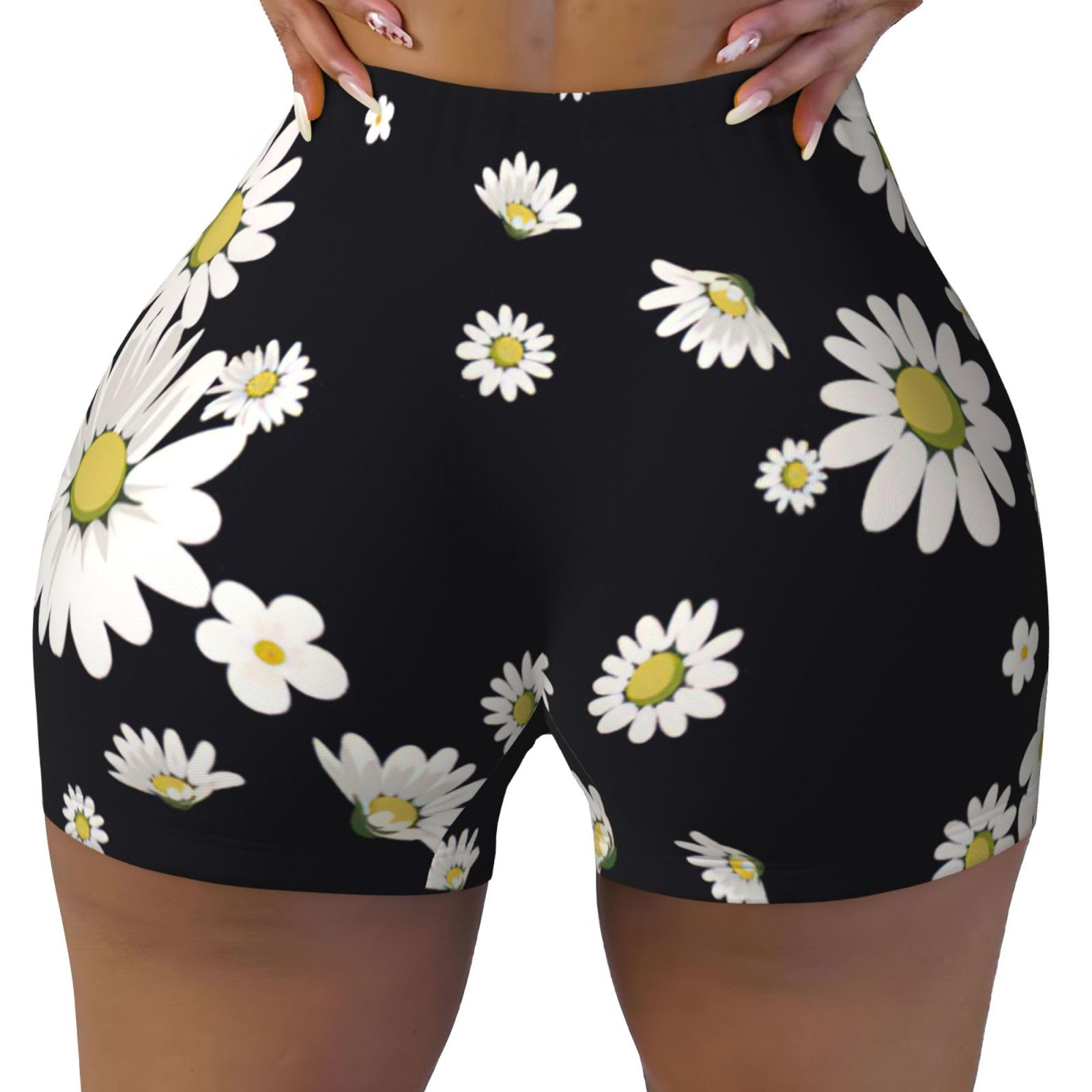Nbtghga White Daisy Print Gym Shorts for Women High Waist Cycling Shorts Best for Running Workout Yoga Sports
