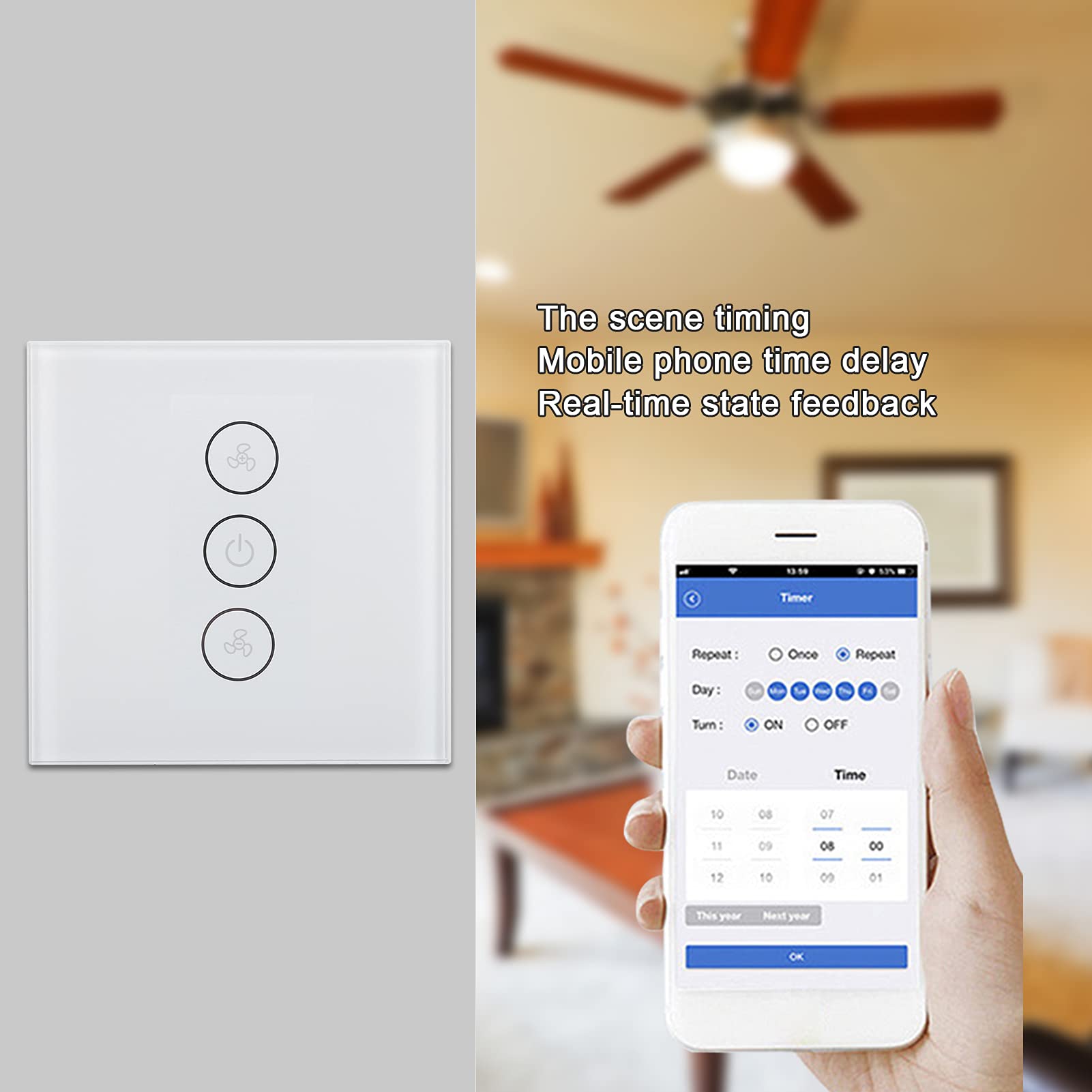 WiFi-Lüfterschalter, intelligenter WiFi-Dimmer-Lüfterschalter, kabelloser Timer, Sprach-App-Steuerung für Tuya 100‑240 V, 50/60 Hz (Weiß)