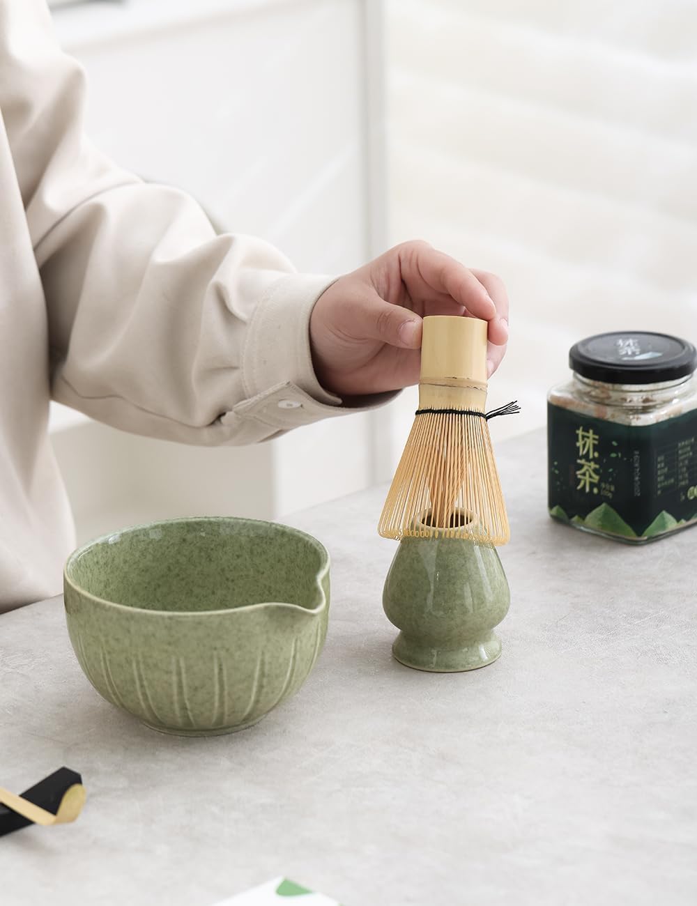 TANG PIN Matcha Set - Match Bowl and Whisk, 15 OZ, Matcha Scoop | Matcha Whisk Stand (Chasen Holder) - 5pc Perfect Matcha Kit for Matcha Tea Ceremony (Mottled Green)