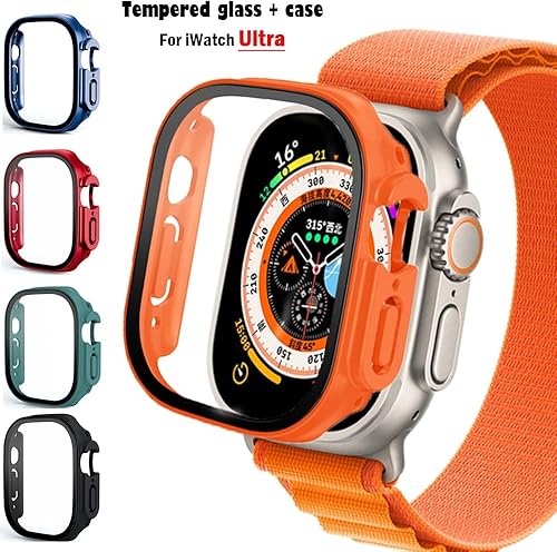 Miniatura 2 de Cristal + funda para Apple Watch Ultra de 1.929 in, correa de reloj inteligente de PC parachoques + protector de pantalla, cubierta templada,