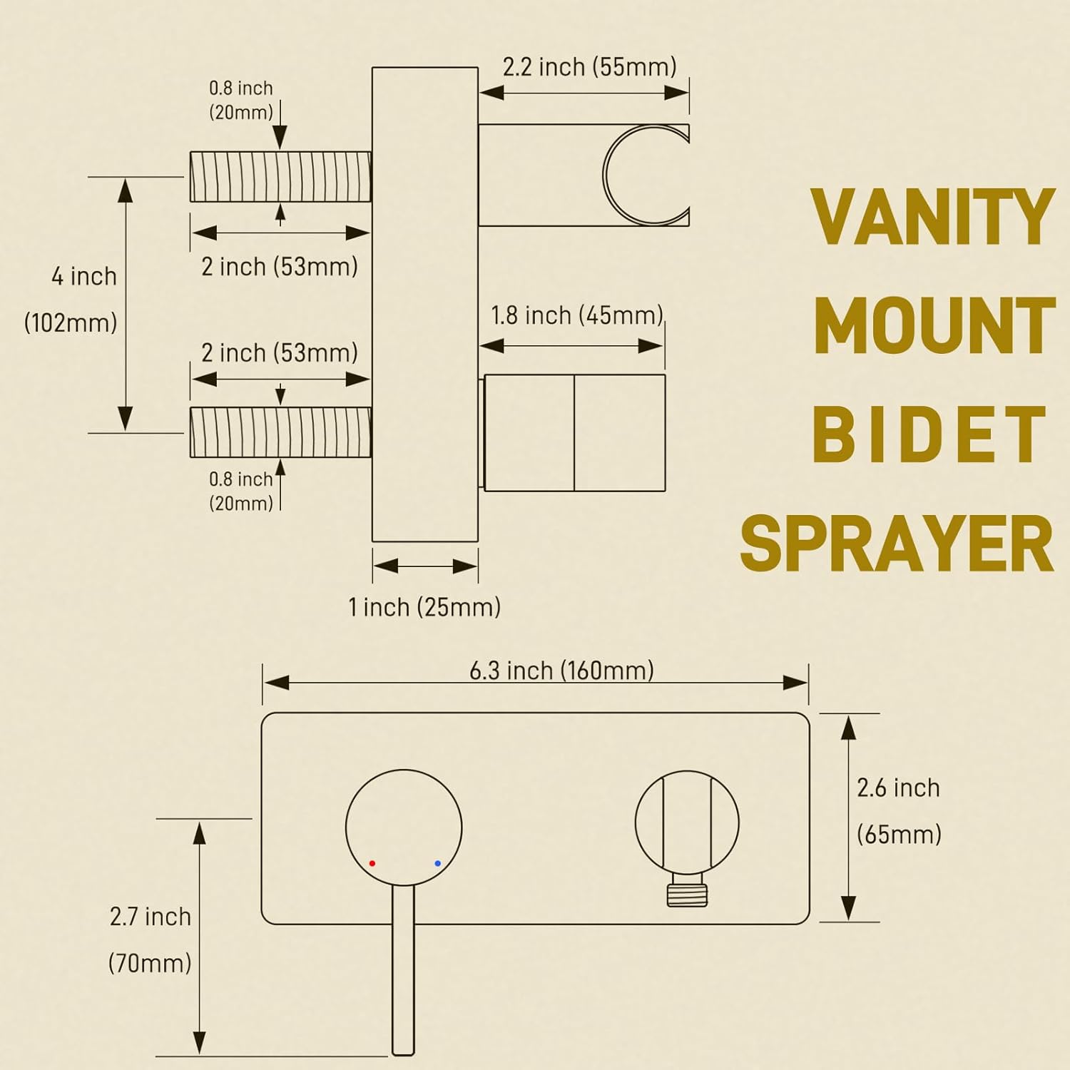Brass Handheld Bidet Sprayer Attachment for Toilet, Bathroom Hot and Cold Water Bidet Faucet for Through-Wall or Vanity Mount, Single Handle 4-Inch RV Camper Shower Valve, Brushed Gold