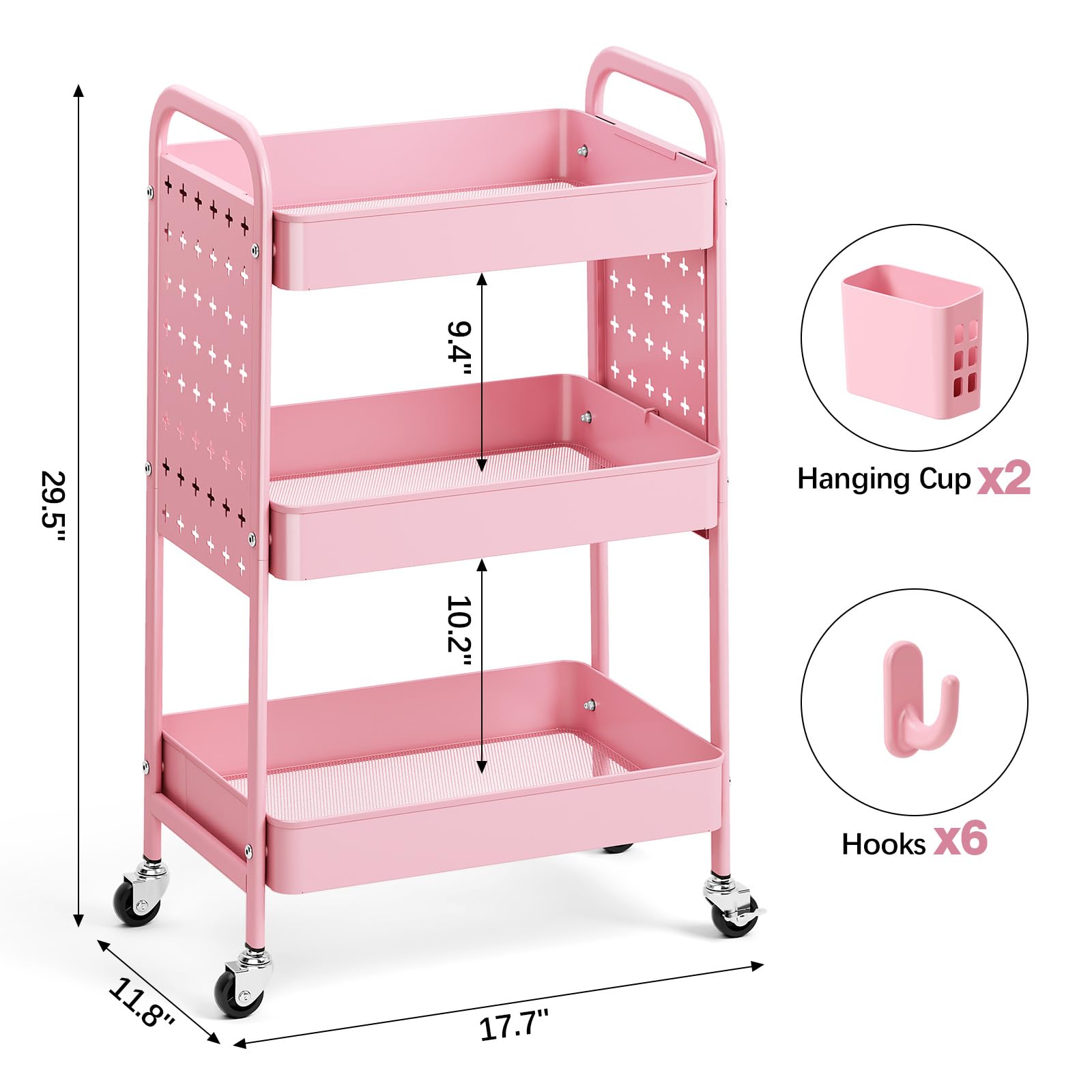 KINGRACK Carrello 3 Livelli Ruote, Rosa | Pannello Forato DIY, Ganci, Cestini, Cucina, Bagno, Ufficio