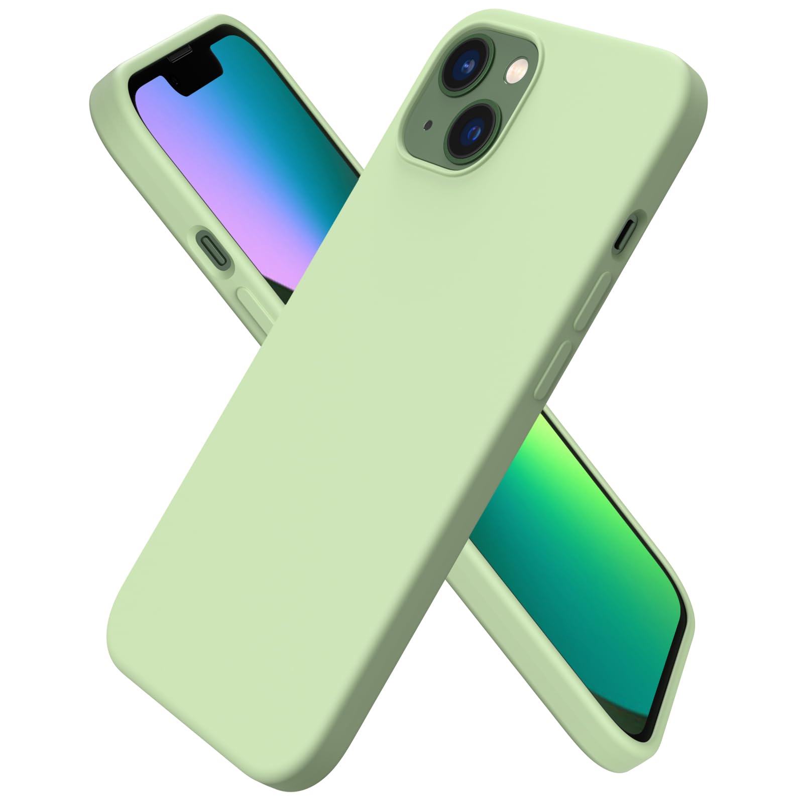 ornarto compatible with iphone 13 case 6.1, slim liquid silicone 3 layers full covered soft gel rubber case cover 6.1 inch-matcha
