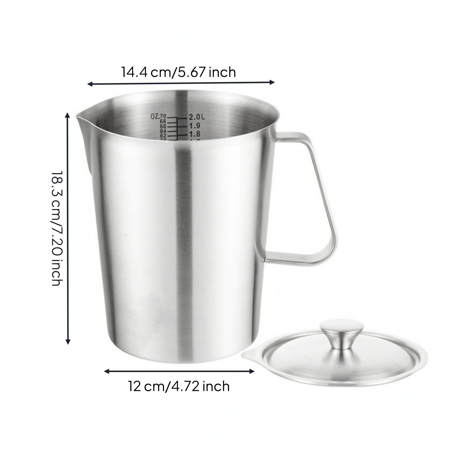 Medidora Acero Inoxidable Preciso Medidora con Tapa Práctico Vaso Medidor con Asa para Pasleros, Cocineros Caseros, 2000ML
