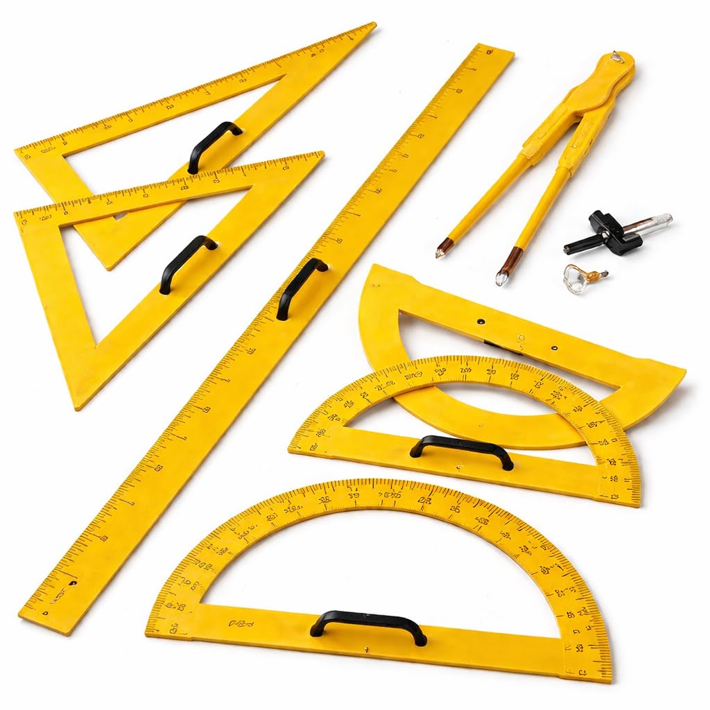 FAIBO Juego de Material Magnético para Pizarra – Regla 100 cm, Semicírculo, Escuadra, Cartabón y Compás – Accesorios Magnéticos de Plástico Amarillo con Empuñadura – 100% Reciclable