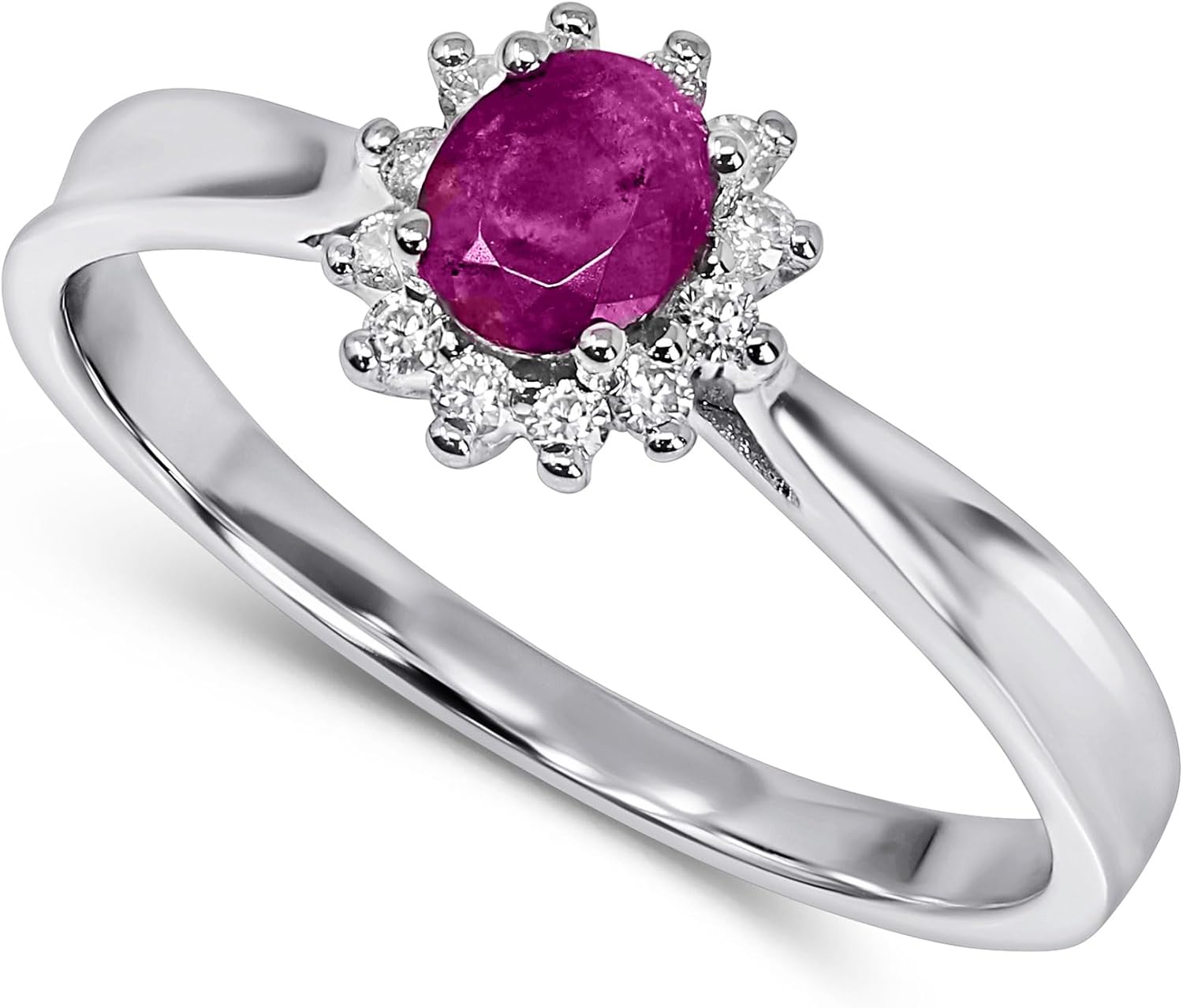 14K White Gold Genuine Ruby 1/2 Ct Oval, Diamonds Ring. Size 7