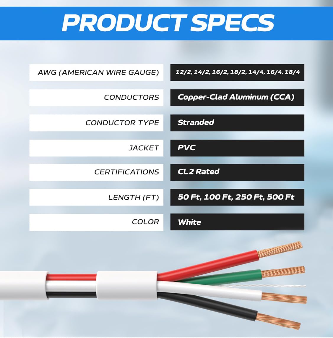 CableMaestro 250FT 16AWG Bulk Speaker Wire – CL2 Rated, 4-Conductor CCA, in-Wall Audio Cable, Easy Pull Box
