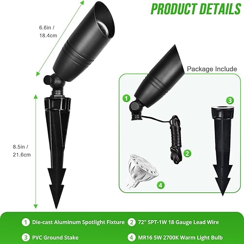 Miniatura 8 de wowlite Focos LED de bajo voltaje para exteriores, paquete de 4 focos de aluminio fundido a presión, luces montantes negras impermeables con