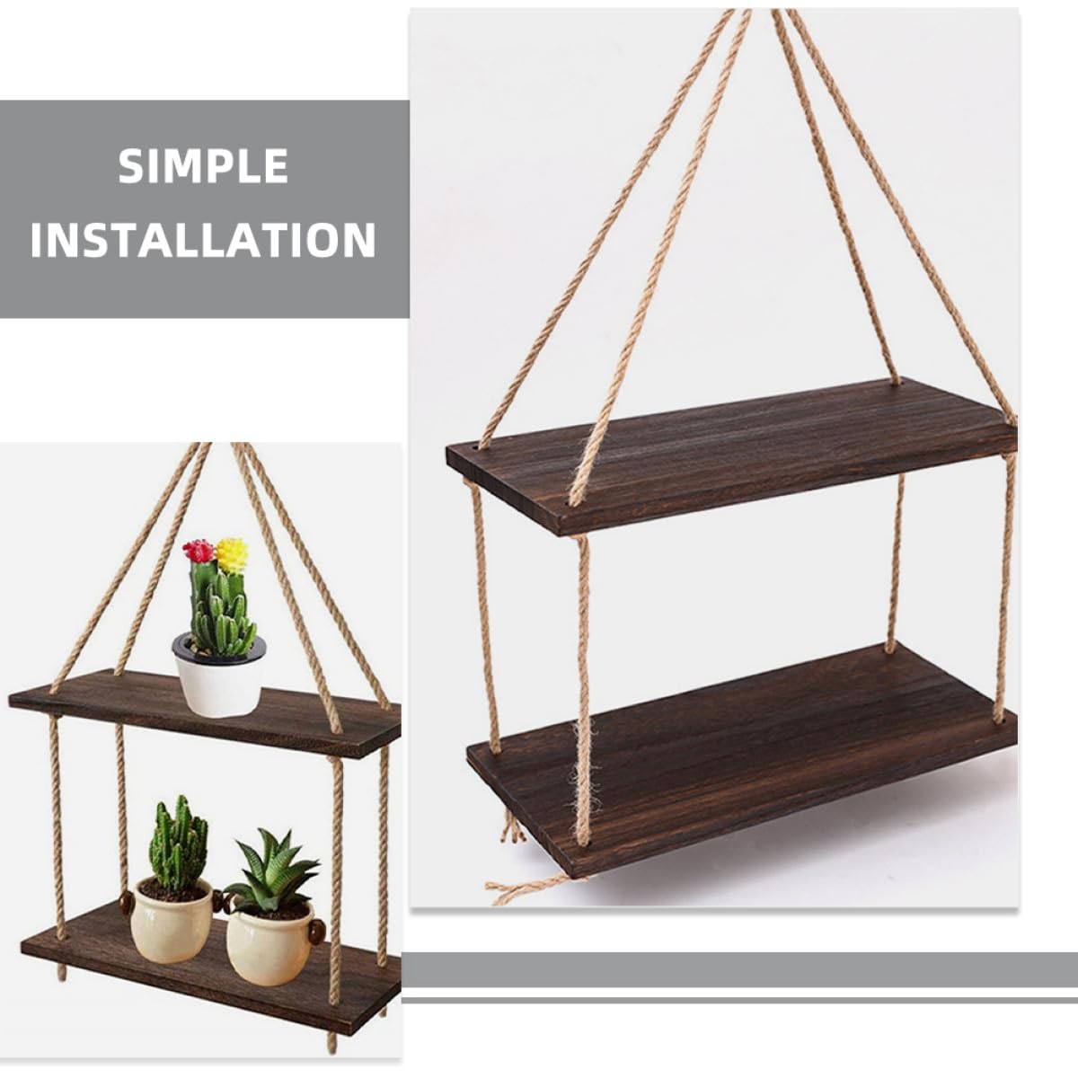 Mensole Sospese da Parete Rustiche in Legno Corda di Juta Set Piccolo Porta Piante e Oggetti Decorativi per Soggiorno Camera da Letto e Studio Scaffali Sospesi Multifunzionali