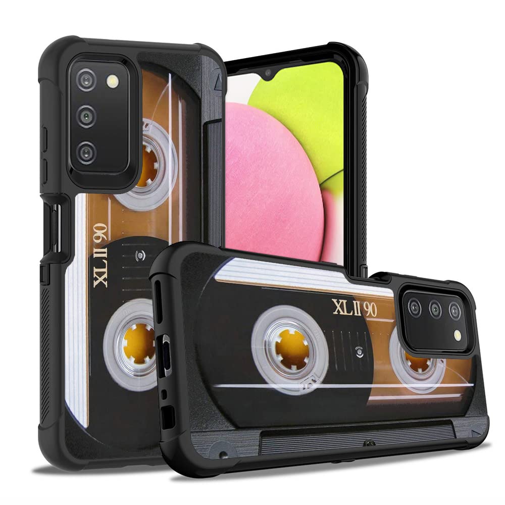 BWOOLL for Galaxy A03S Case, Heavy Duty 3 in 1 Hybrid Hard PC + Soft Silicone Shockproof Drop Protective Case for Samsung Galaxy A03S, Vintage 80s Music Cassette