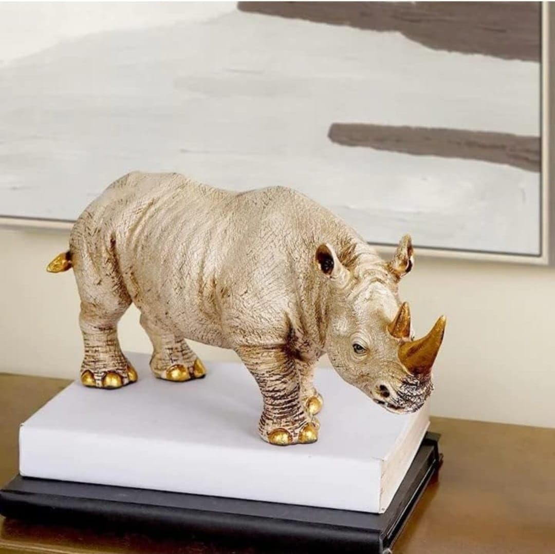 DAYBCREATION Rhinoceros Decor Statue, Silver Sculpture on Gold Plated Brass Base, 3D Wall Art