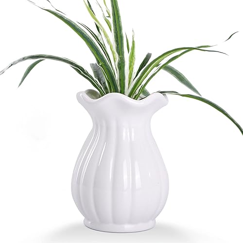 VanEnjoy Florero decorativo de cerámica blanca de 6 pulgadas con diseño acanalado moderno de 6 pulgadas, flor de loto blanco