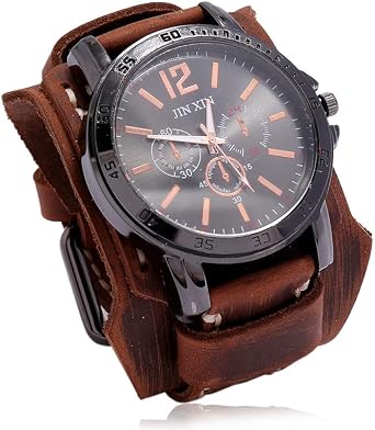 Wide Band Leather Bracelet Watch,Steampunk Vintage Wristwatch Fashion Large Dial Quartz Watch,Punk Hip-hop Gothic Wrist Watch for Men and Women