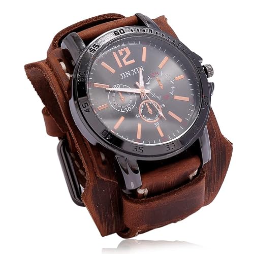 Image of Wide Band Leather Bracelet Watch,Steampunk Vintage Wristwatch Fashion Large Dial Quartz Watch,Punk Hip-hop Gothic Wrist Watch for Men and Women (Brown)