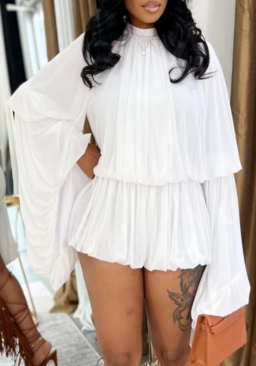 Women's Chiffon Boho Jumpsuit Long Sleeve Layered Ruffles Pleated Two Piece Outfits Crew Neck Shorts Sets - Image 3