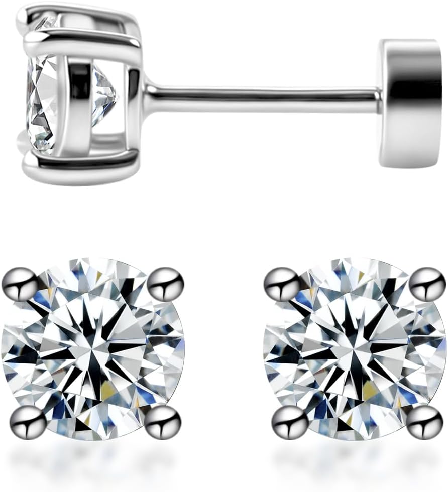 Moissanite Stud Earrings for Women – Cartilage & Helix Piercing Jewelry, Solid S925 Sterling Silver with 18K White/Gold Plated, Flat Back Earrings for Sensitive Ears, 2mm–6.5mm