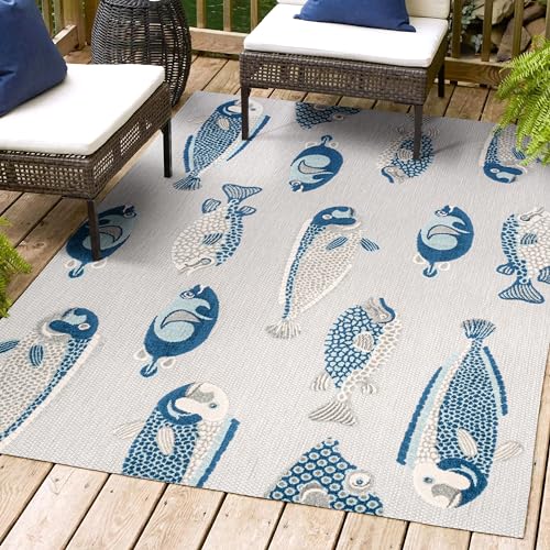 JONATHAN Y Fish High-Low Indoor Outdoor Area Rug 4X6 Gray/Navy, Algarve Modern for Backyard, Patio, Porch, Easy-Cleaning, High Traffic, Pet-Friendly, Non-Shedding (AMC114B-4)