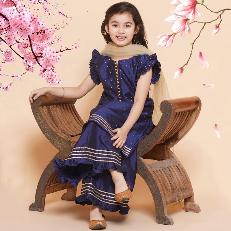 Image of Modish Couture Kid's Girl Stylish Fashionable Printed Kurta & Palazzo Set with Dupatta for Party, Birthday, Diwali, Festival, Puja Occasion (Navy Blue,) -MDCT036