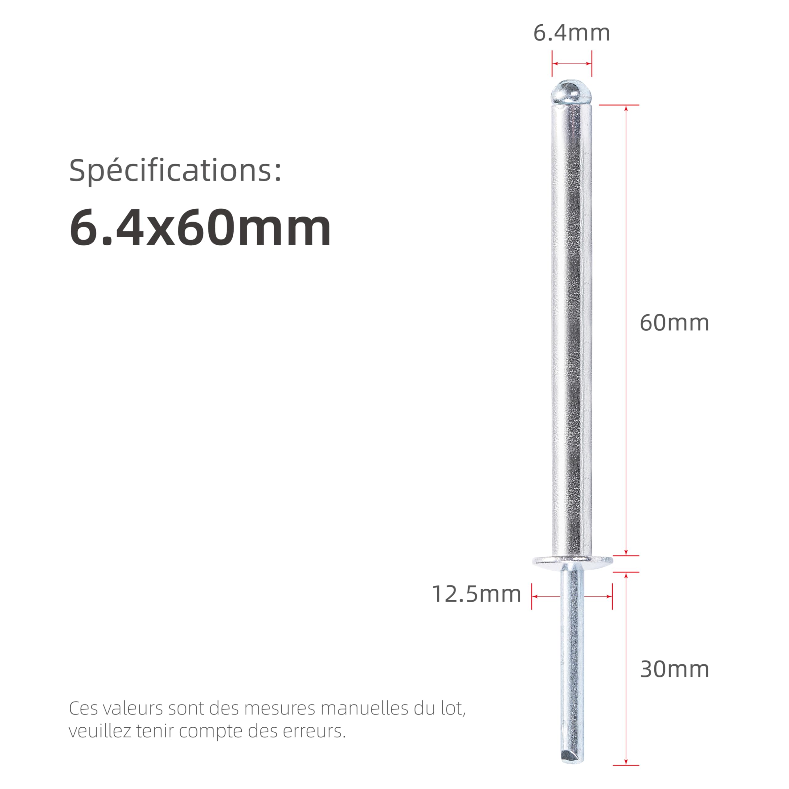Rivets aveugles en aluminium extra-longs, tête bombée, tige en acier – DIN 7337 A – Pour tôles épaisses (Ø6.4x60mm - 30 pièces)