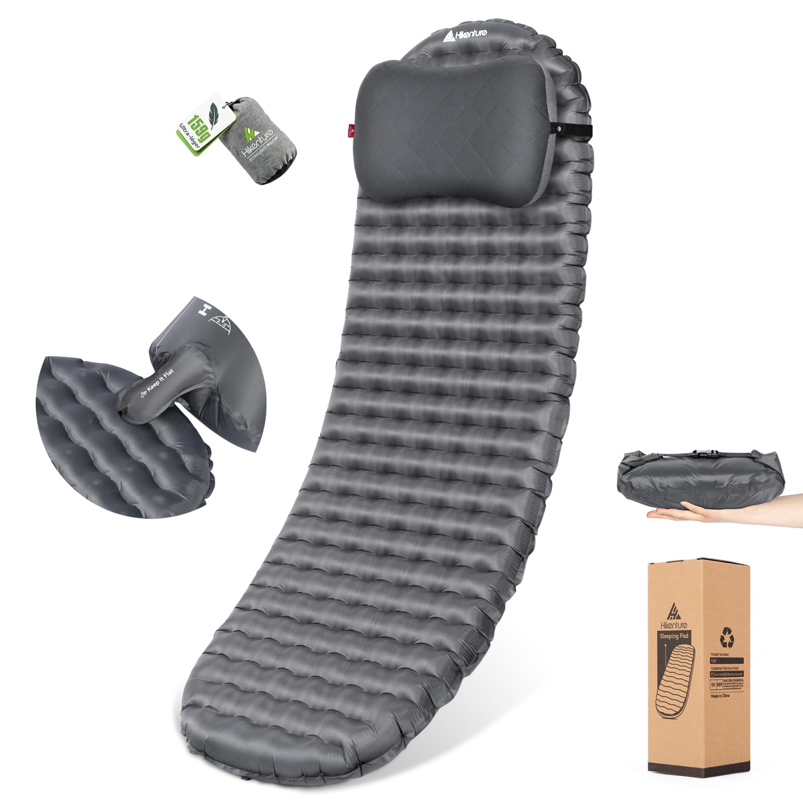HIKENTURE Pack Camping : R-Value 6,2 Matelas de Camping Gonflable 198cm + Oreiller Gonflable Voyage Gris Taie Amovible - Ultra Léger et Compact pour Trekking, Randonnée et Bivouac