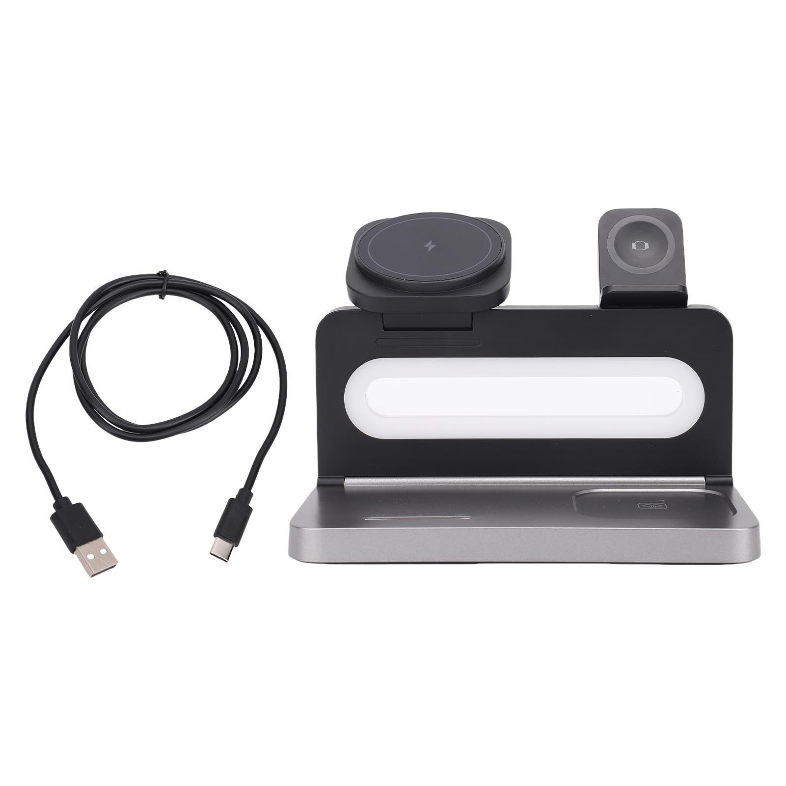Generic Charge Rapide de 15W 4 en 1 Station de Chargeur sans Fil Magnétique pour Casque de Montre de Téléphone, Charge Plusieurs Appareils avec Lumière Nocturne, Support de Rotation à