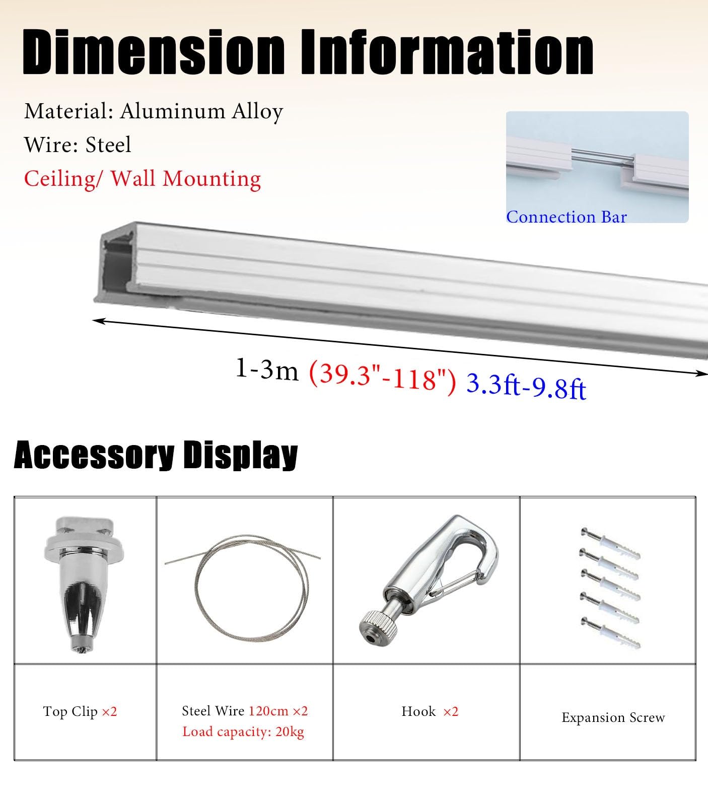 Colgar Cuadros Riel para Colgar Cuadros en El Techo, Ideal para Paredes de Hormigón. Perchas Giratorias de Aluminio para Marcos Pesados. Exhibidor de Fotos con Riel en U y Ganchos Ajustables.(122cm/48