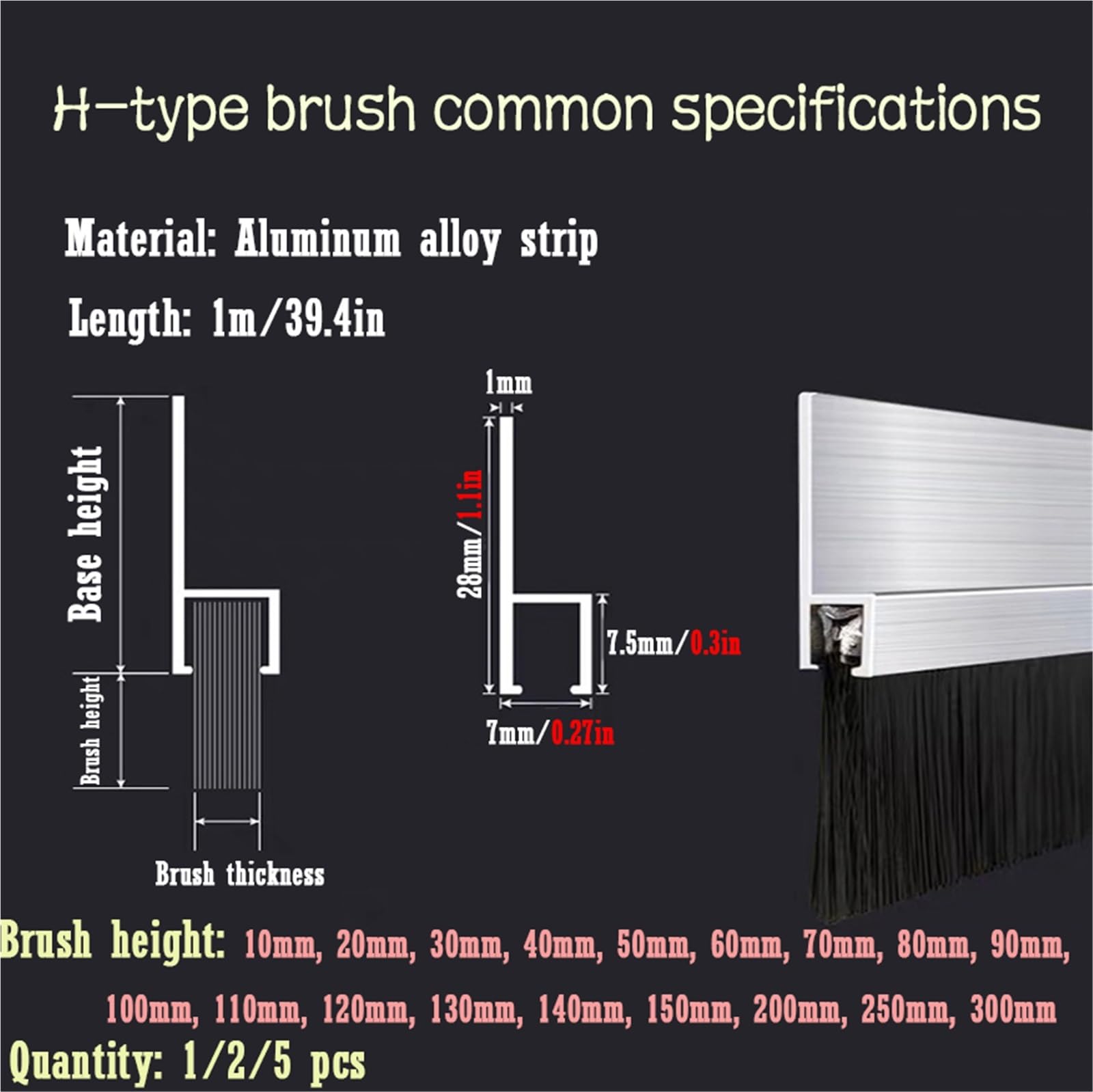 Szczotka uszczelniająca do drzwi, Listwa Ograniczająca Przeciąg Dolny Drzwi Ze Stopu Aluminium, Szczotka Nylonowa, 10–300 Mm, 1/2/5 Szt.(B-2 Pcs,Brush Height 90mm)