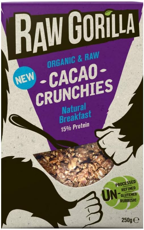 Raw GorillaCacao Crunchies 1 Pack of 250g Healthy, Vegan & Paleo, Gluten Free with No Refined Sugar, High in Protein & Fibre, Plant Based Breakfast Cereals with Activated Nuts