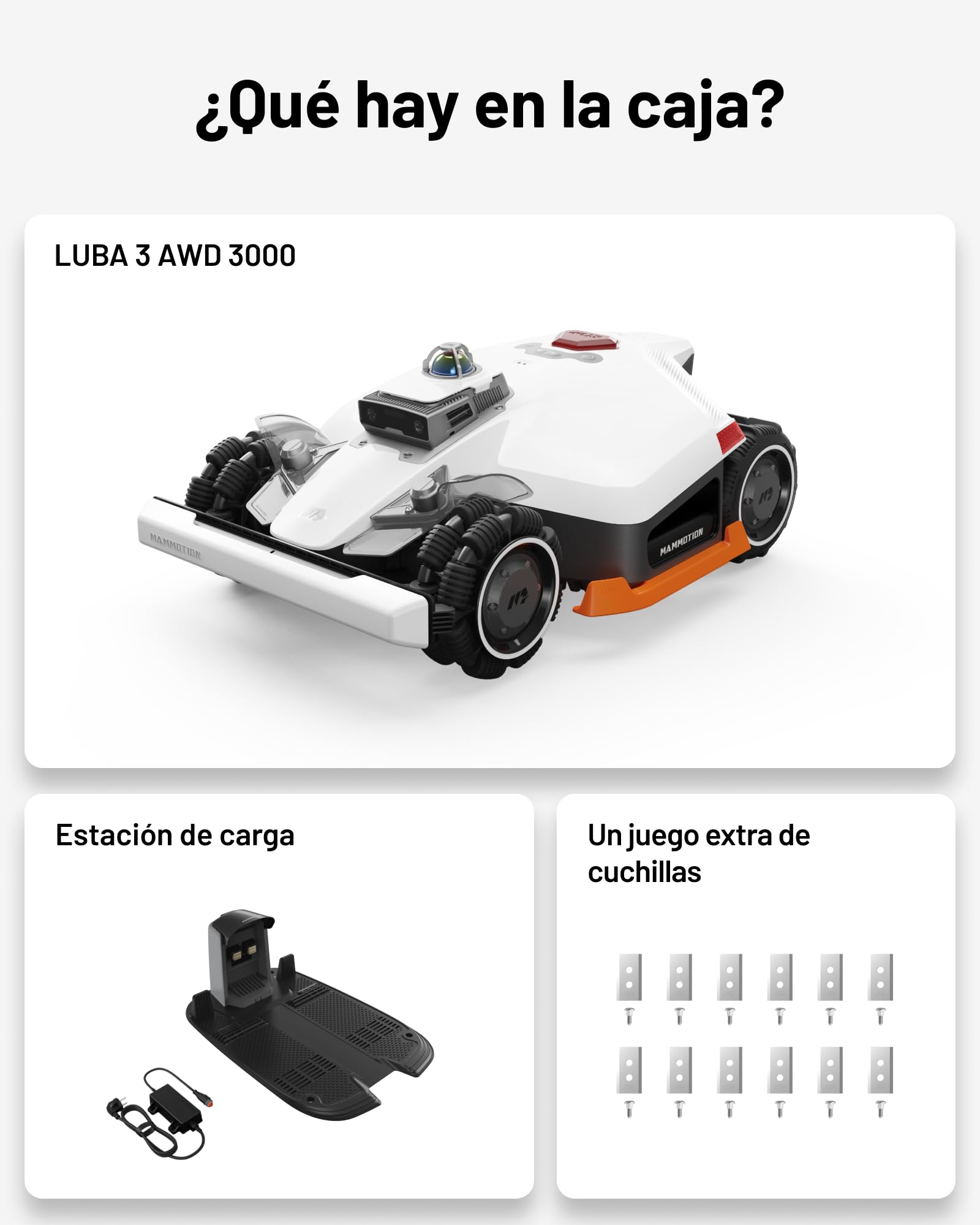MAMMOTION LUBA 3 AWD 3000 Robot Cortacésped sin Cable Perimetral, Posicionamiento LiDAR+NetRTK+AI Vision Tri-Fusion a 360°, Tracción para Pendientes del 80%, hasta 30 Zonas, Altura de Corte 25-70mm