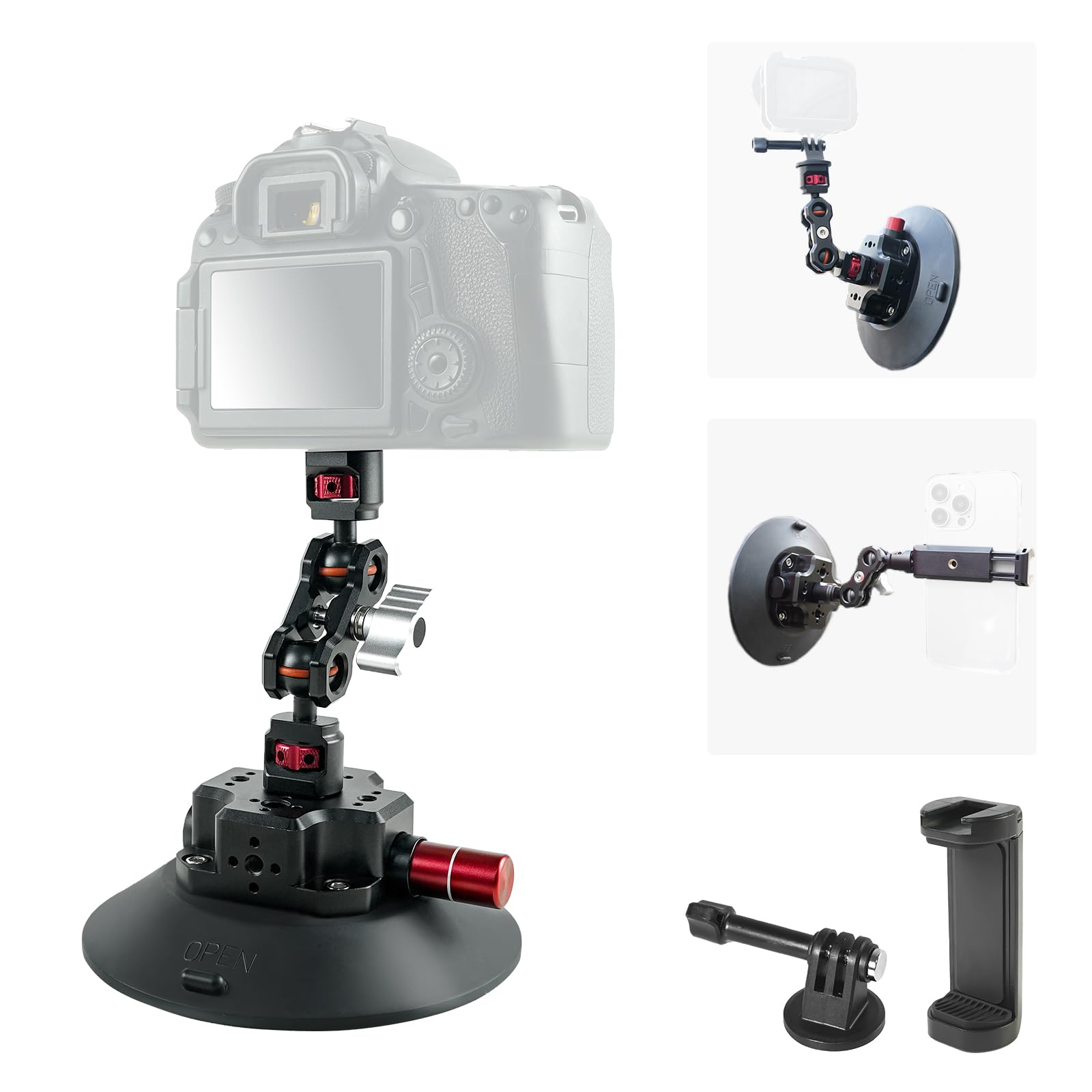 CNC Machined 6in Suction Cup Camera Mount with Ball Head Magic Arm, 1/4" ARRI Holes, Quick Release Car Mount with Phone Holder & Action Camera Adapter