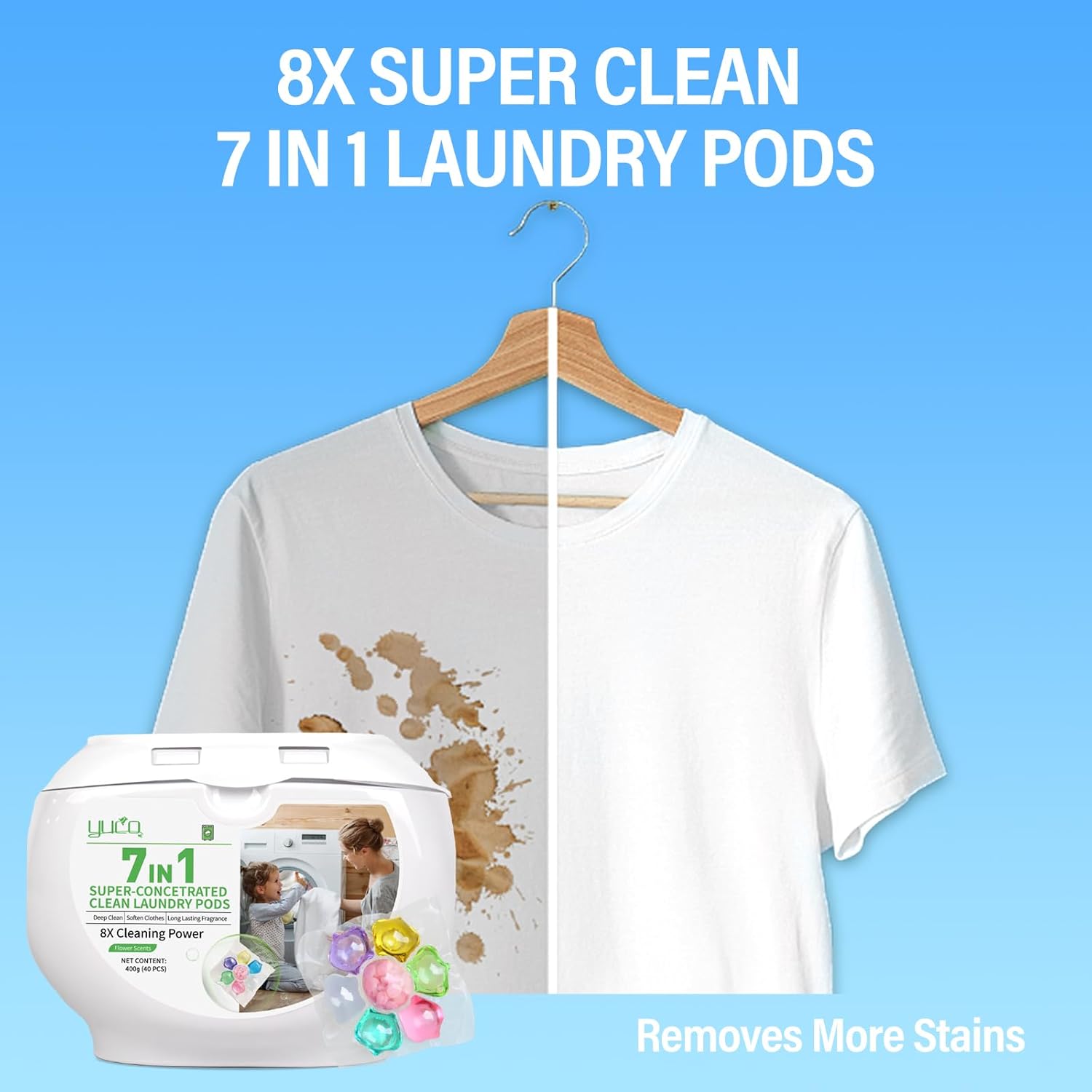 YUCO Laundry Pods Detergent 7-in-1 Super Cleaning PowerHypoallergenic & Ultra Concentrated Laundry Liquid Pods HE Compatible Washing Detergent with Long-Lasting Mixed Floral Fragrance 32 Loads